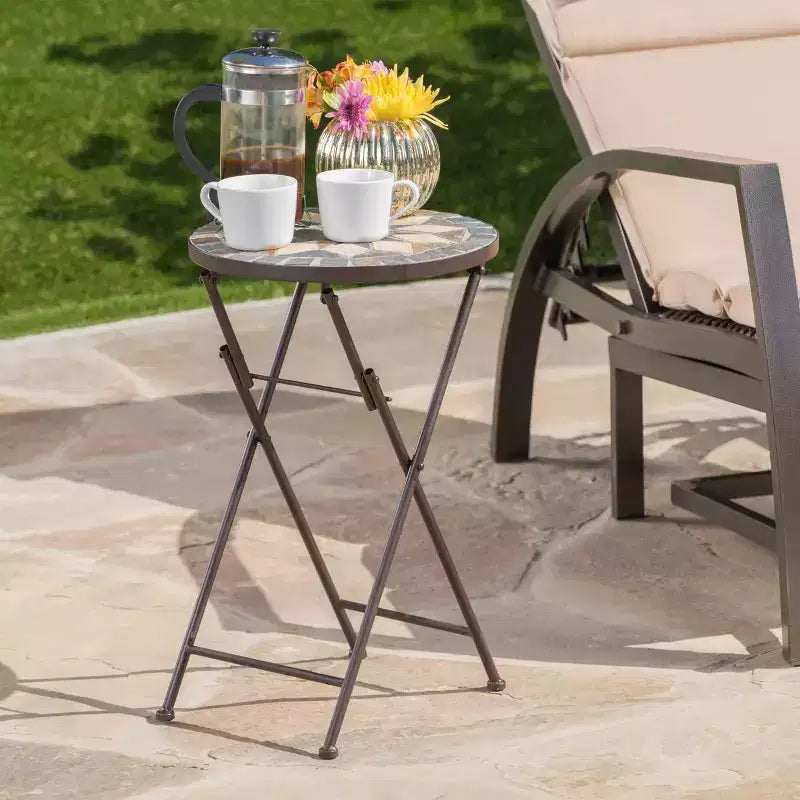 Table d'appoint pliante en mosaïque de pierre pour l'extérieur