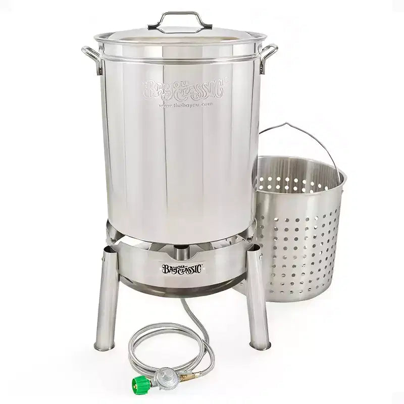 Bayou Classic Stainless Steel Boiler Cooker Kit with 60 inches Hose with Lid, Steam, Boil Basket, 106,000 BTU Burner, and 10 PSI Regulator